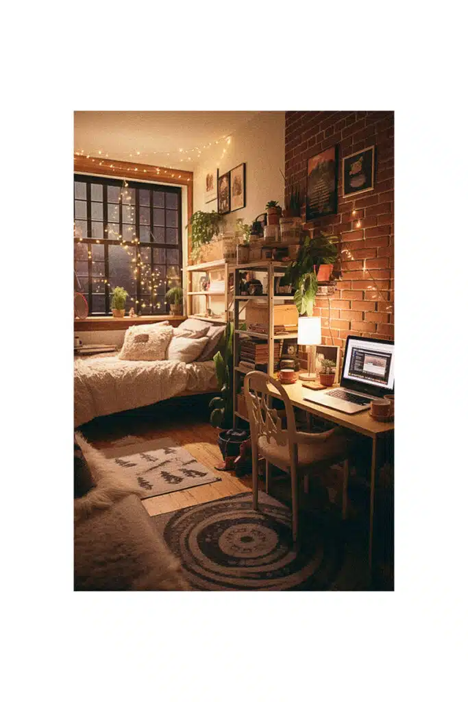 A cozy college dorm room with a bed, a desk, and a lamp.