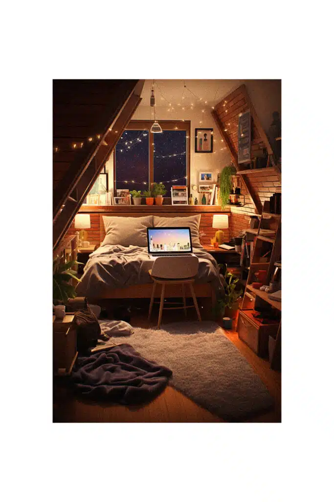 A cozy attic bedroom with a bed and a laptop, perfect for a college student's dorm.