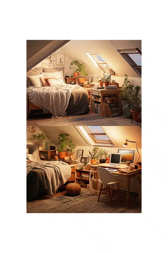 Cozy attic bedroom with a bed and a desk.