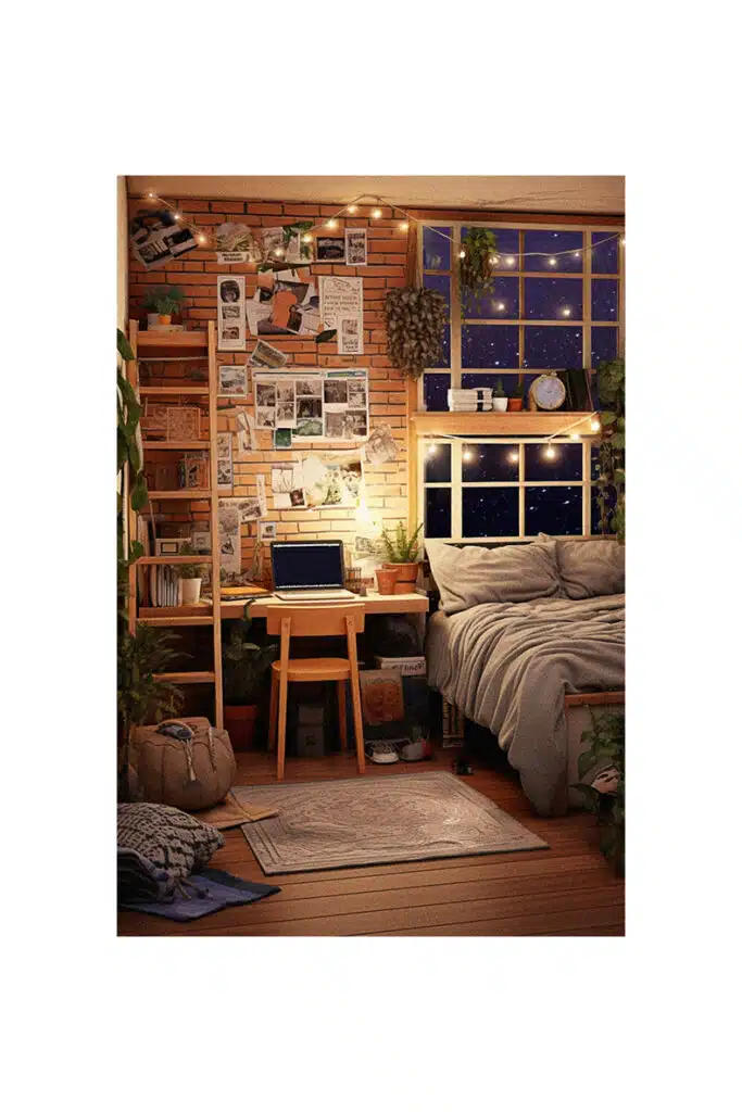 Cozy dorm room with a bed and a desk.