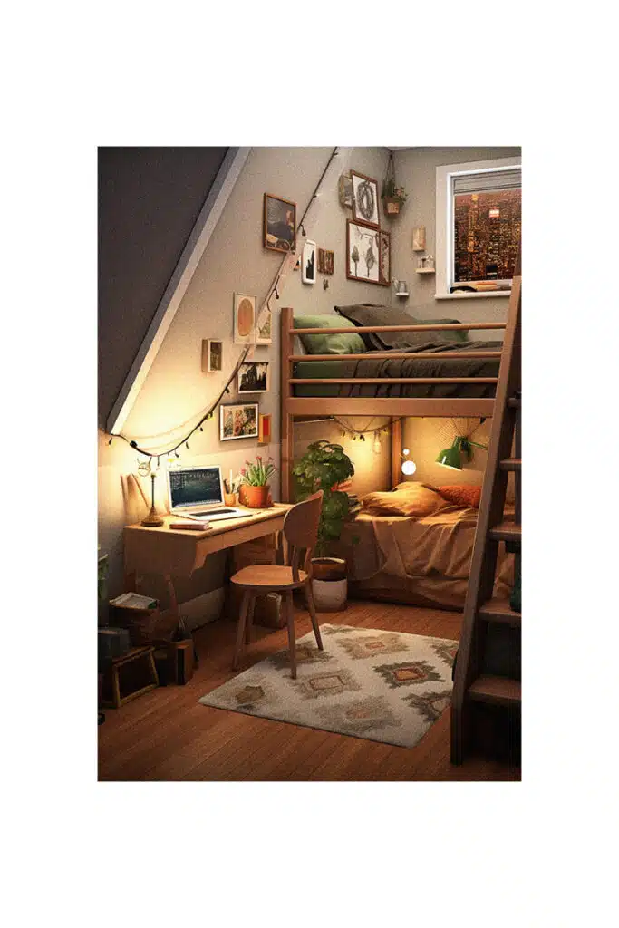A cozy college dorm room with a bunk bed and a desk.
