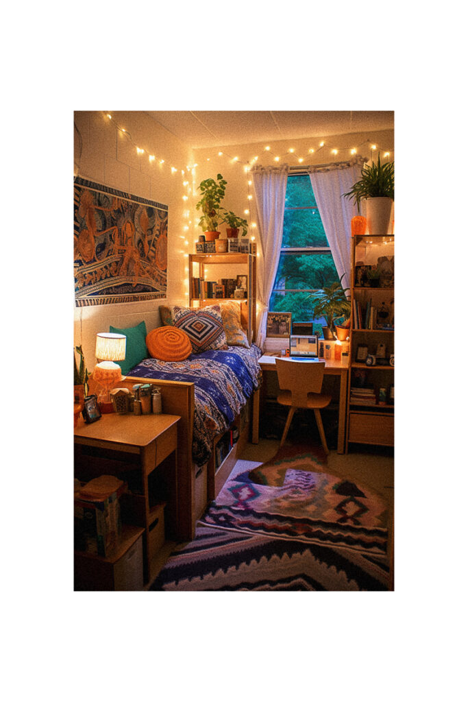 A cozy dorm room with string lights and a bed for HBCU students looking for dorm room ideas.