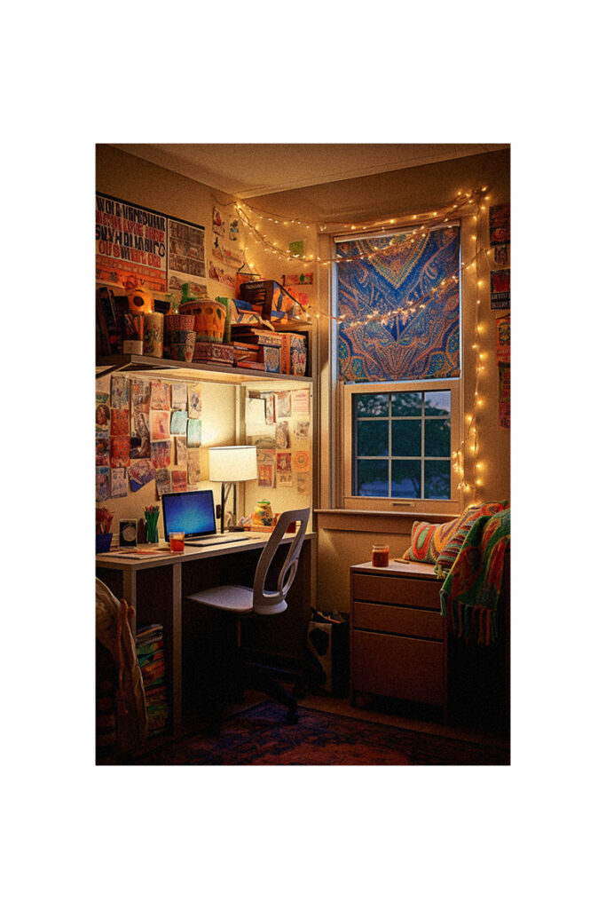 A HBCU dorm room with a desk and a window.