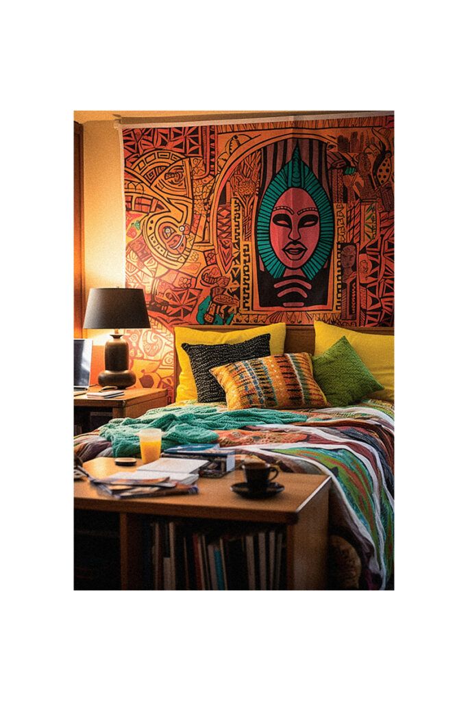 A colorful mural bed in a dorm room.