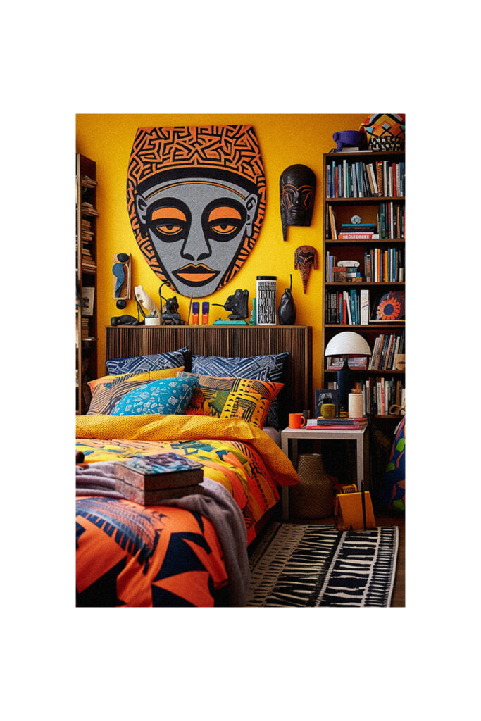 A bed in a Hbcu dorm room with an african mask on the wall.