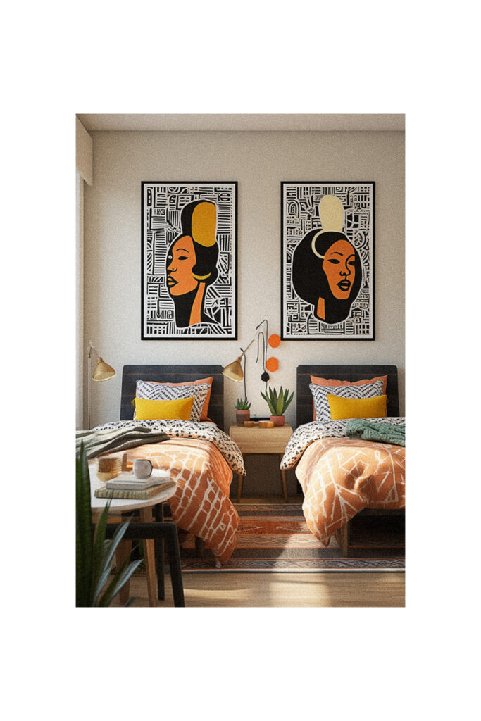 A dorm room with two beds and two framed posters, perfect for Hbcu students.