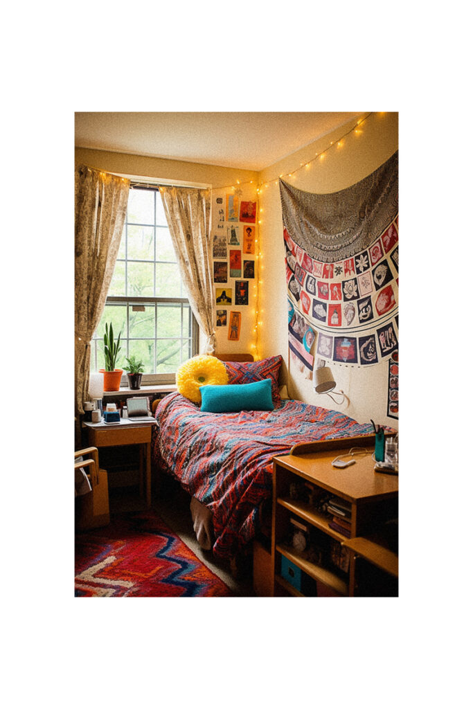 A HBCU dorm room with a bed and a bedside table.