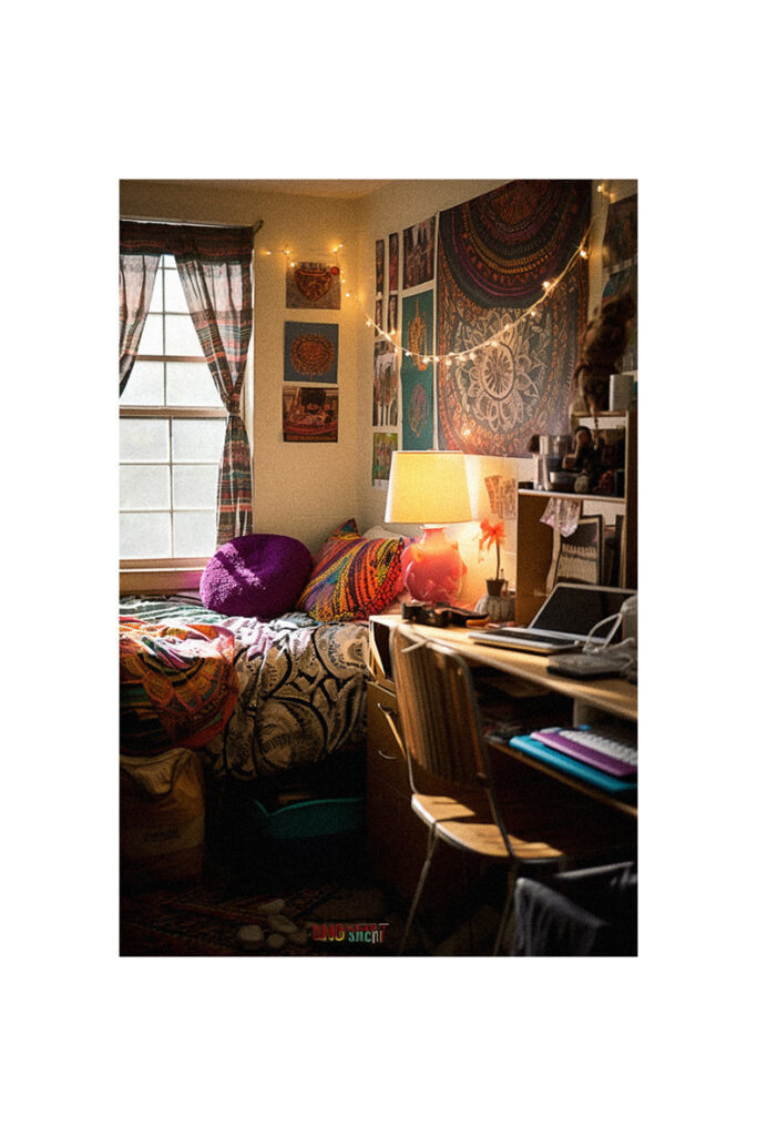 A dorm room with a bed and a desk, featuring HBCU-inspired decor ideas.