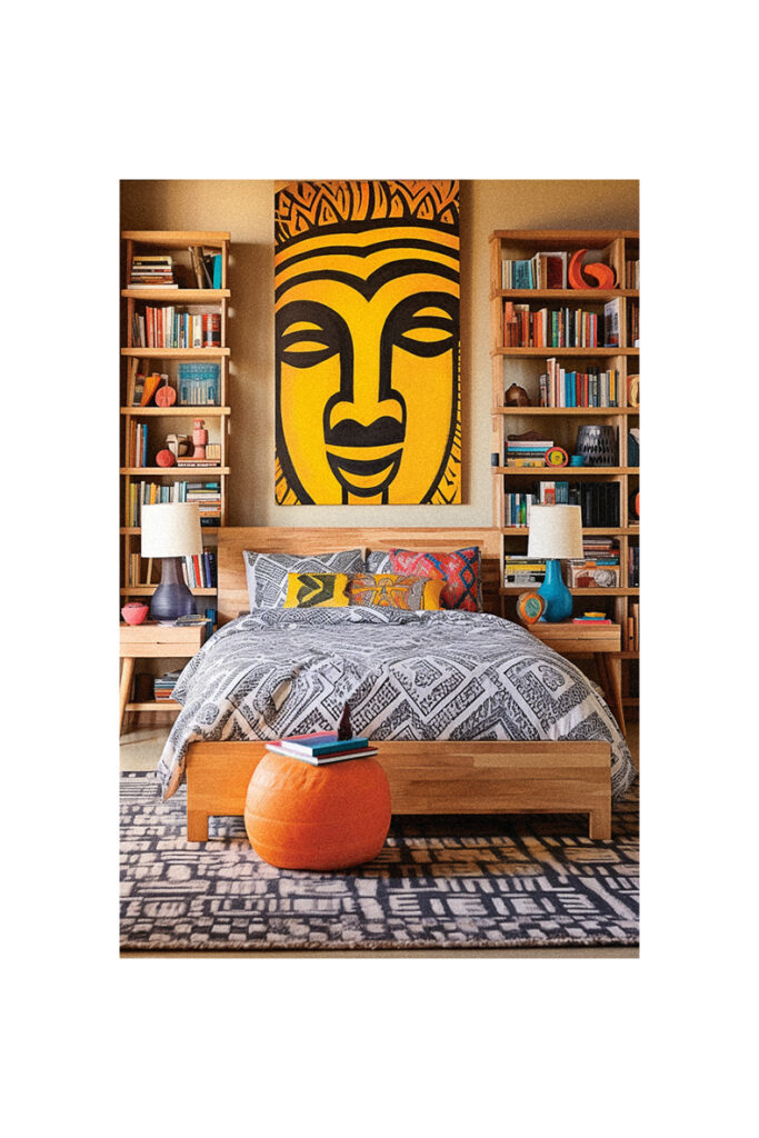 A bed in a dorm room with a large painting of a buddha.