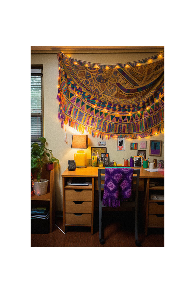 A colorful tapestry hanging over a desk in a dorm room at an Hbcu.