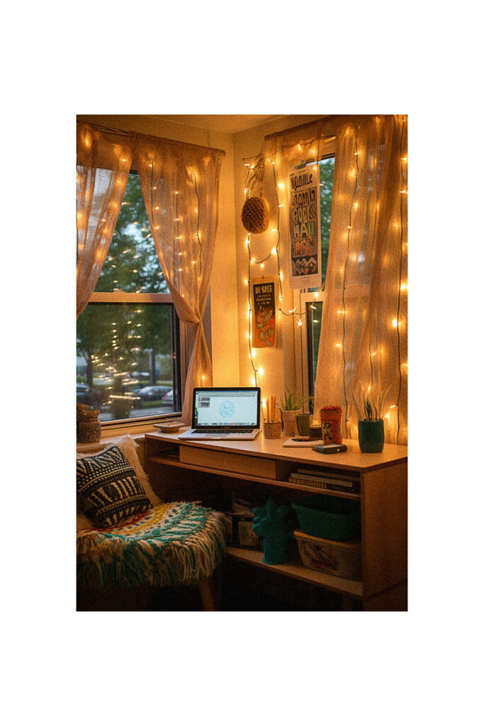 A dorm room with a desk, laptop, and chair by a window.