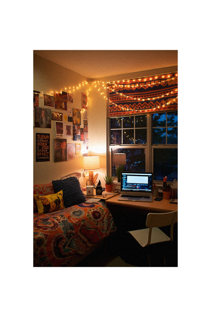 A HBCU dorm room with a bed and a laptop.