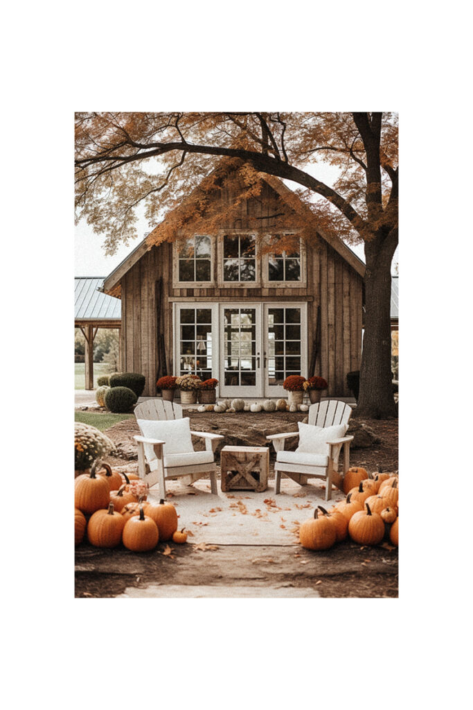 A farmhouse decorated with pumpkins for the fall season.