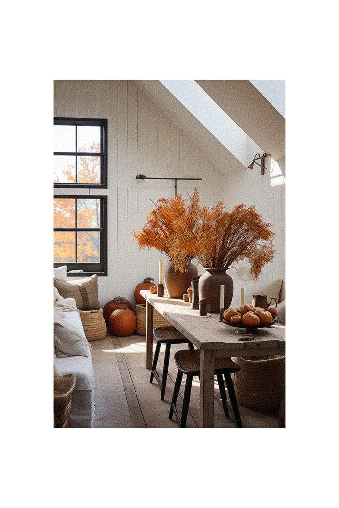 A living room with farmhouse fall decor and pumpkins.