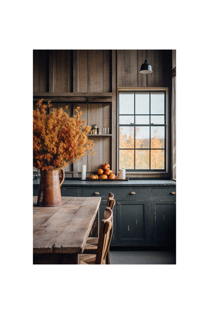 A kitchen with a farmhouse wooden table and a fall window display.