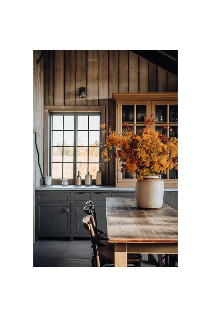 A farmhouse kitchen with a wooden table and a vase of flowers.
