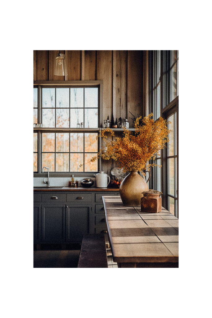 A farmhouse kitchen with a wooden table and a vase of fall flowers.