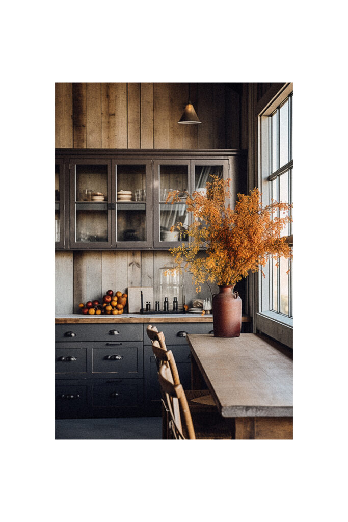 A farmhouse kitchen with a wooden table and chairs decorated in fall decor.
