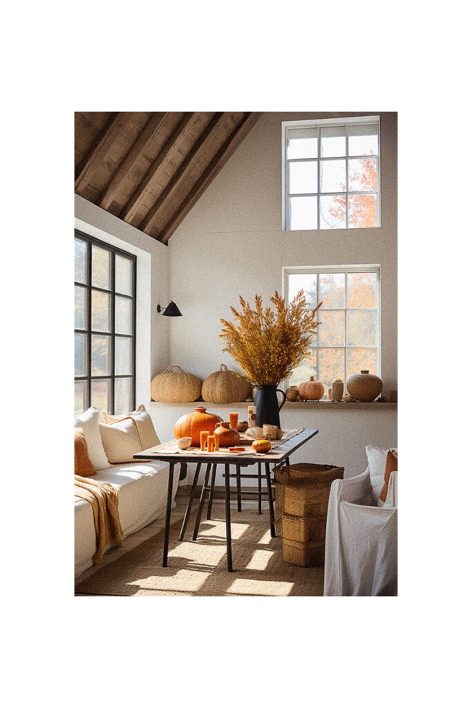 A farmhouse-inspired living room with fall decor.