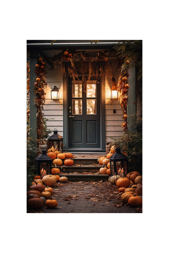 A farmhouse front porch decorated with pumpkins and lanterns for fall.