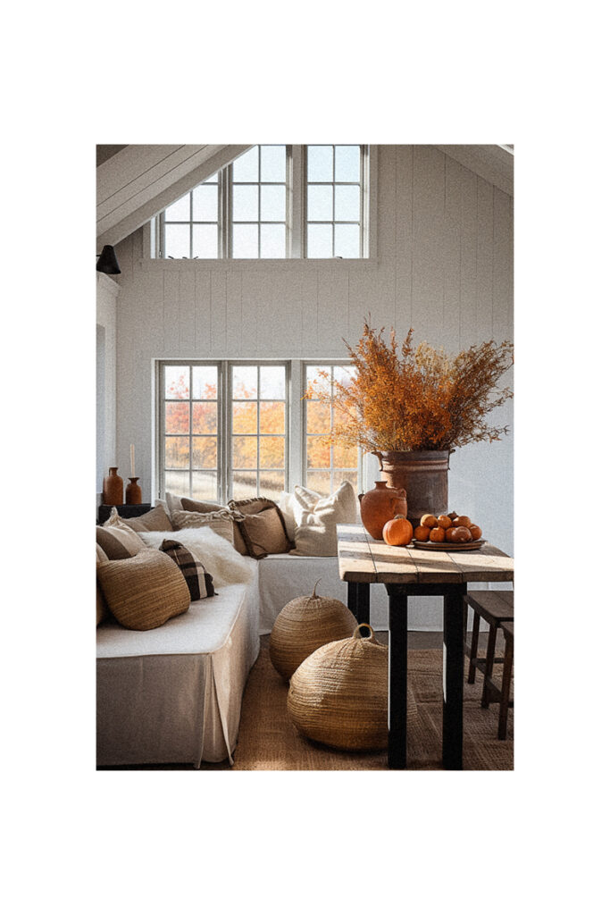 A living room with farmhouse decor featuring a table and chairs.