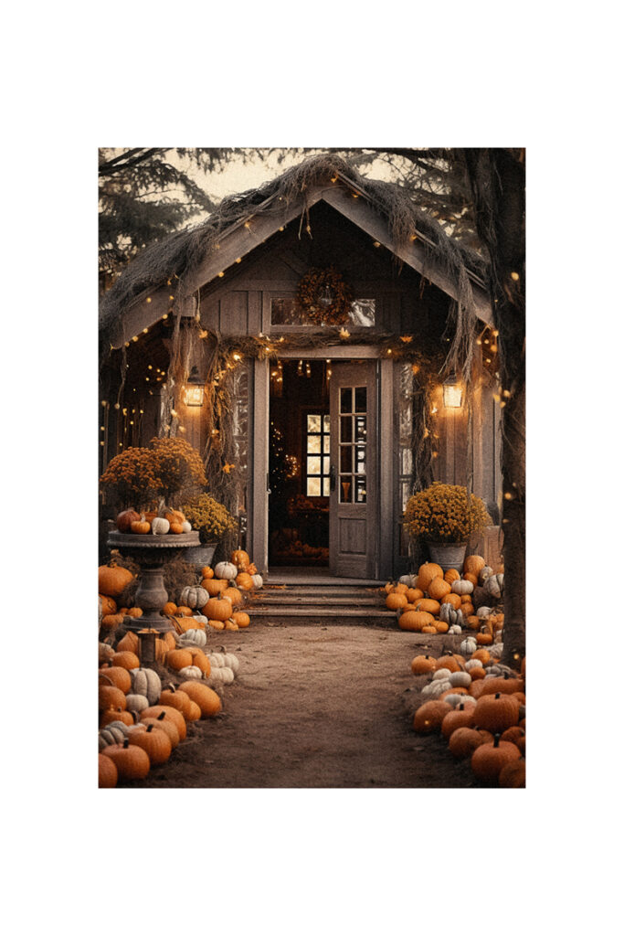 A farmhouse decorated with pumpkins for fall.