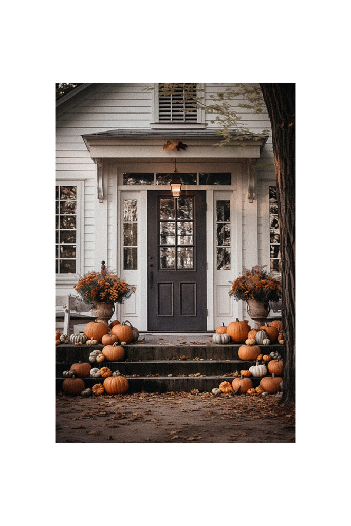 Farmhouse fall decor featuring pumpkins and a black door on the front porch.