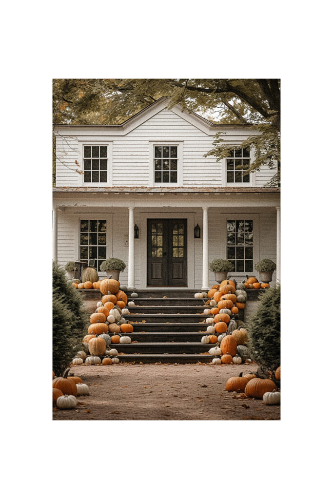 A farmhouse with pumpkins in front of it.
