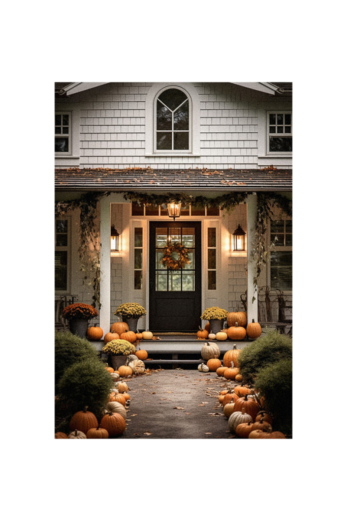 A farmhouse with pumpkins on the front porch, decorated for fall.