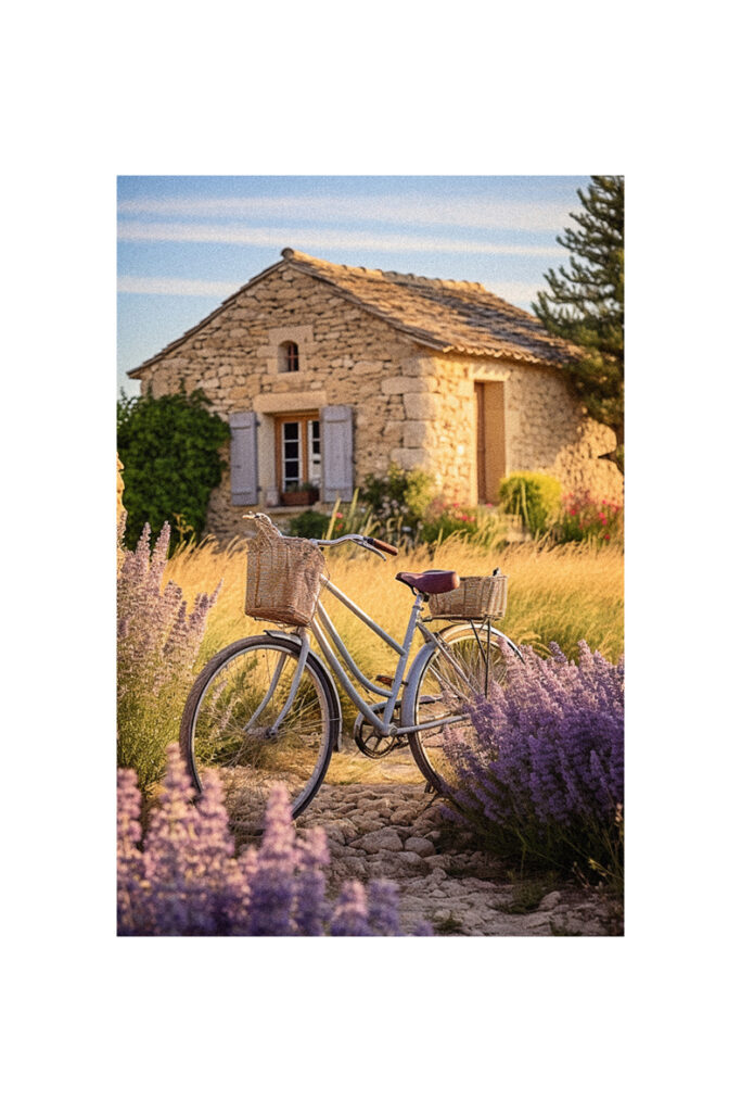 A French country cottage with a parked bicycle in front.