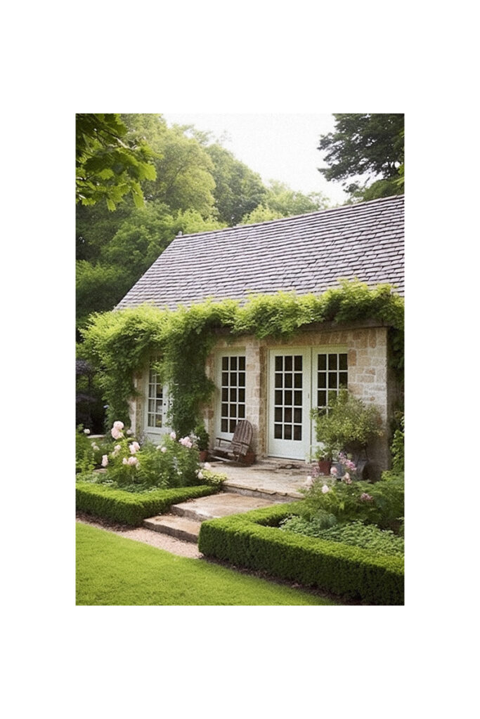 A French cottage in a garden.