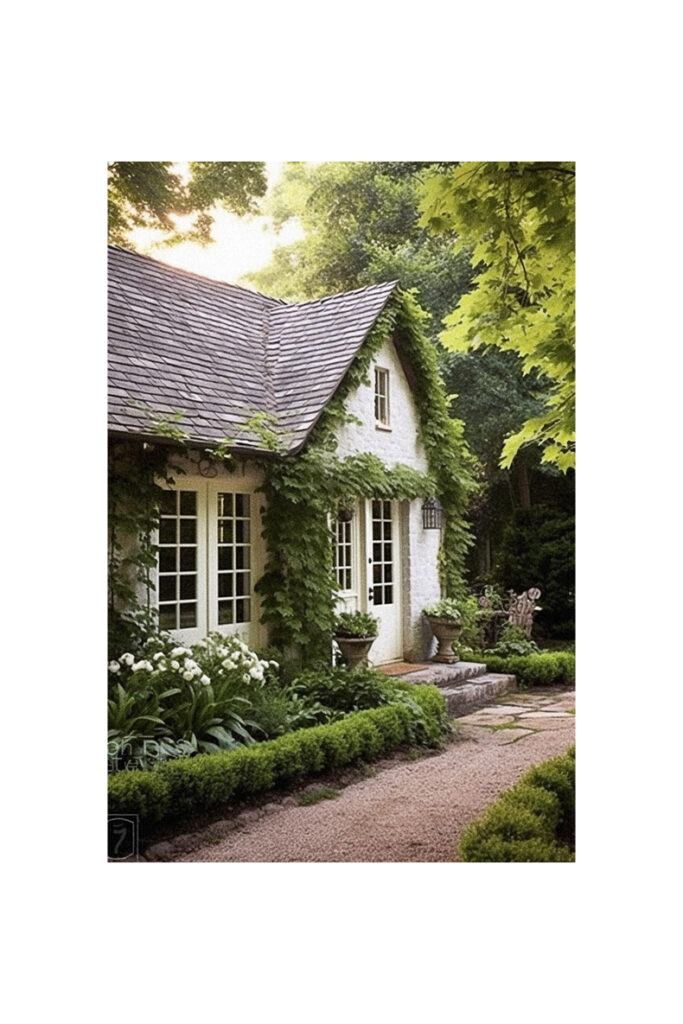 A charming French cottage with ivy-covered walls.
