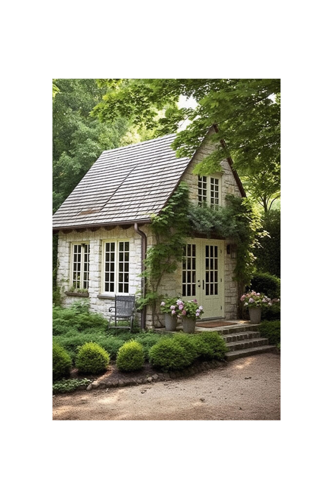 A charming French country cottage nestled in a wooded area.