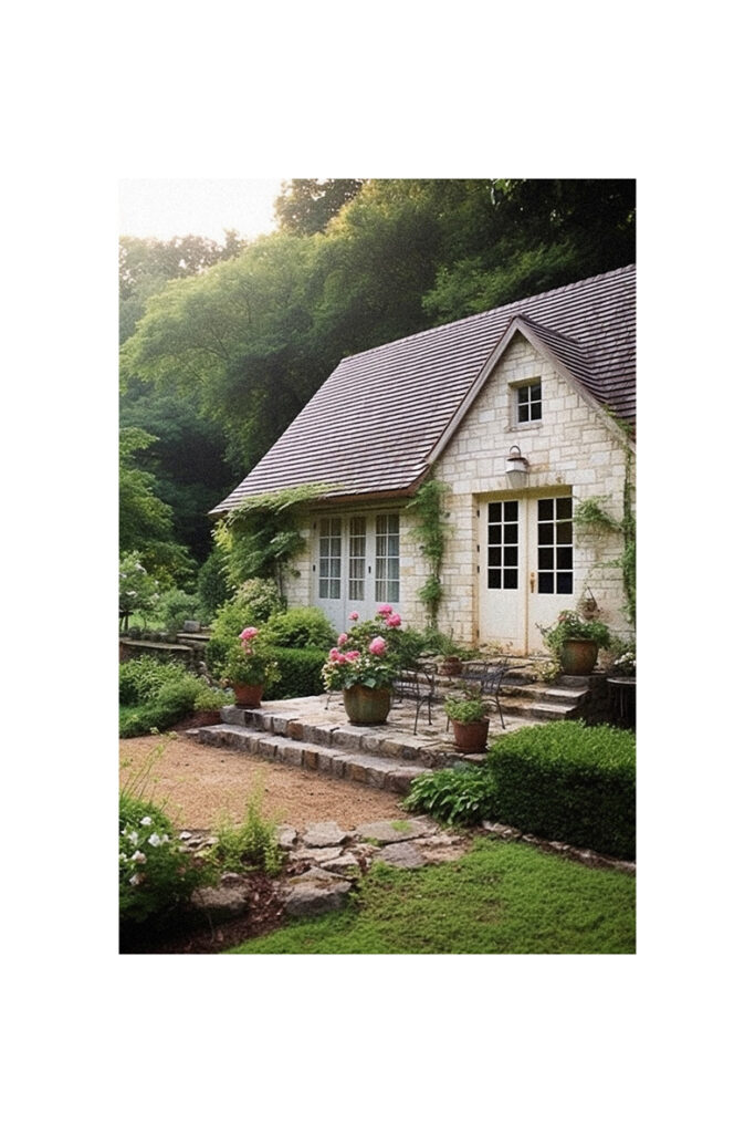 A charming French country cottage nestled in a peaceful garden.
