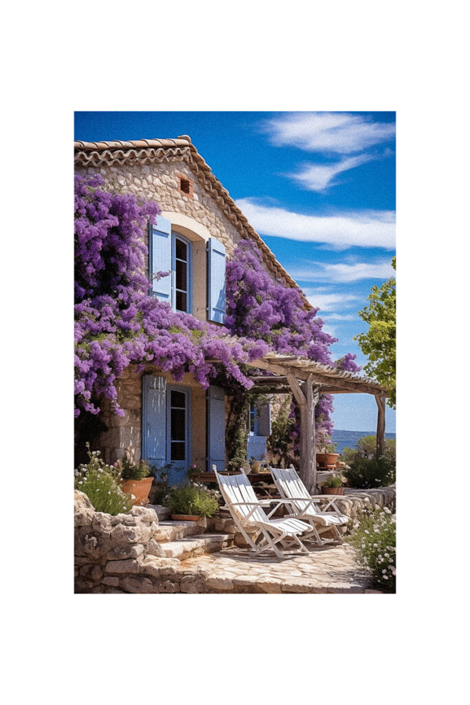 A French Country Cottage with purple flowers in front of it.