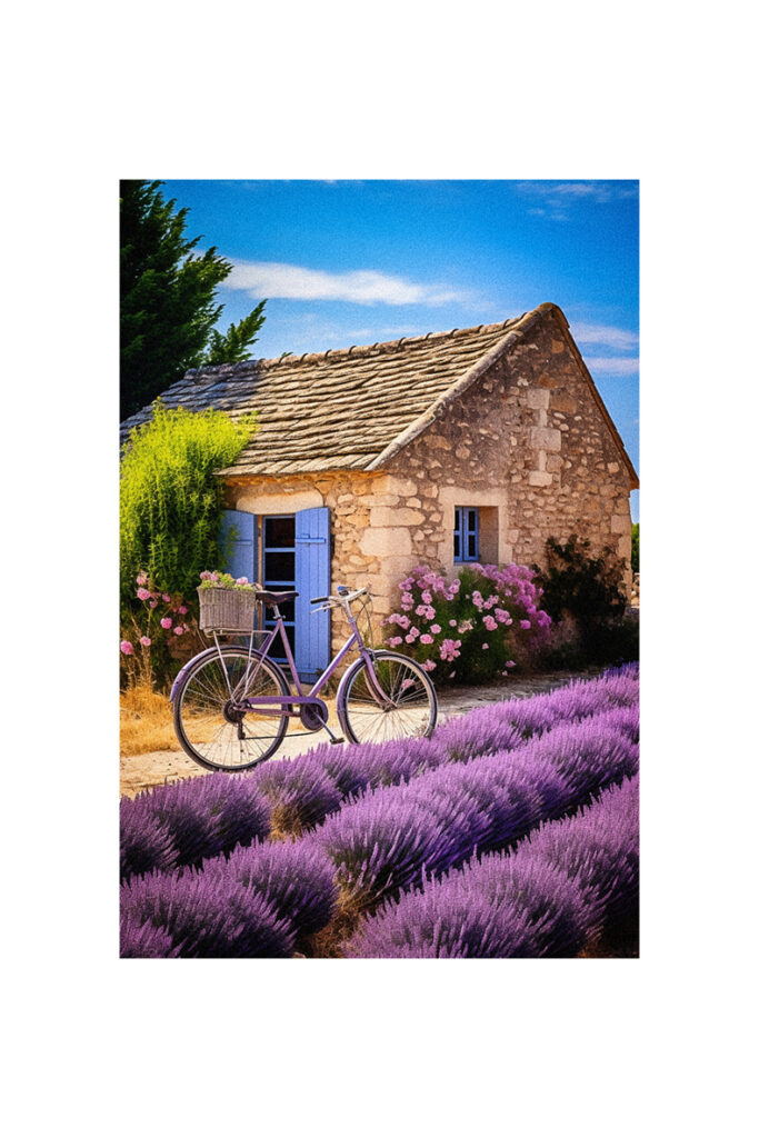 A French country cottage showcases a bicycle amidst lavender flowers.