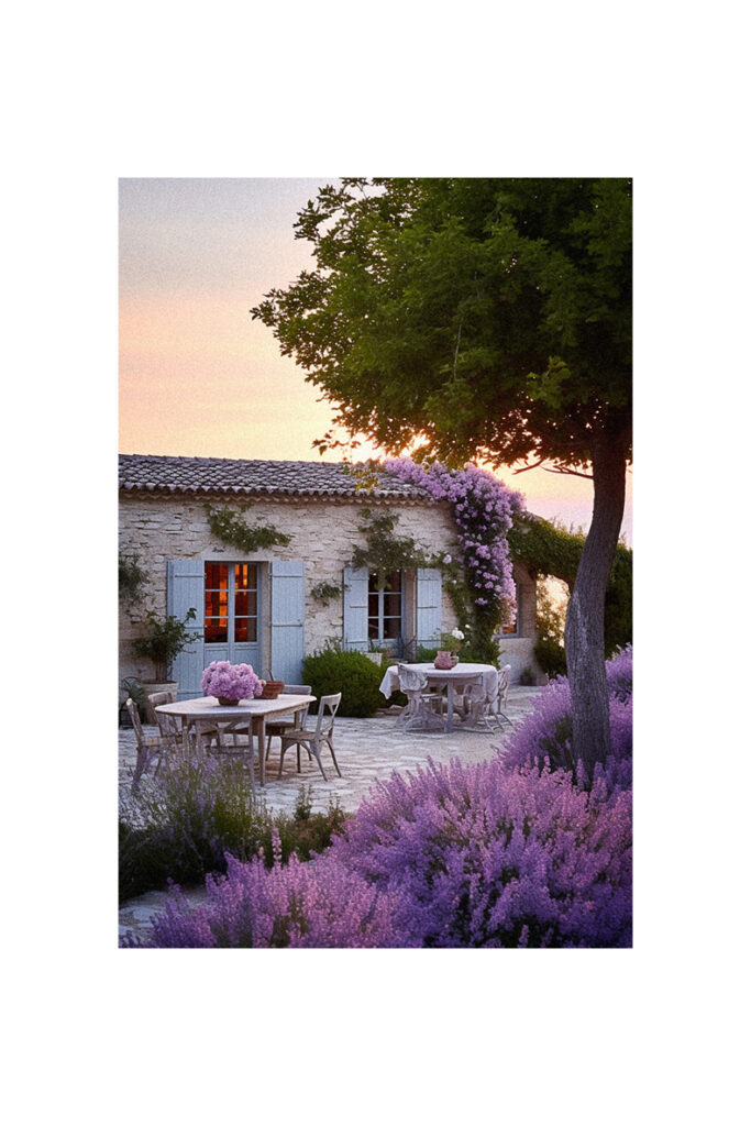 A French Country Cottage with purple flowers in the garden at sunset.