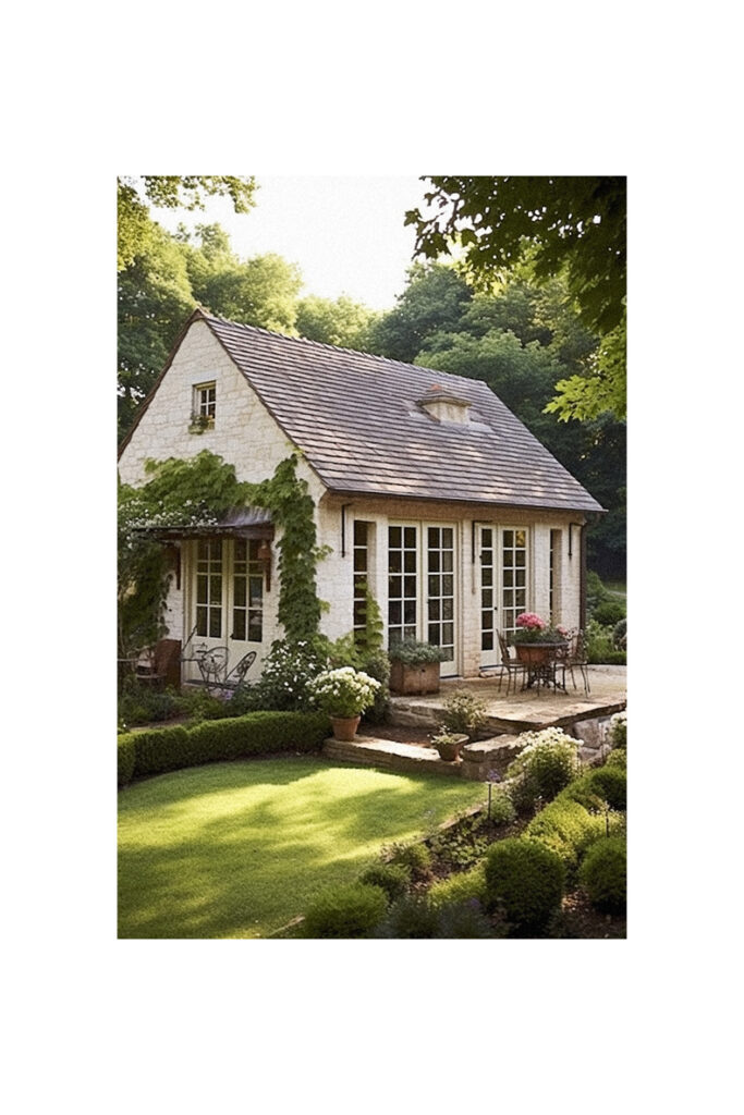 A French country cottage nestled in a garden.