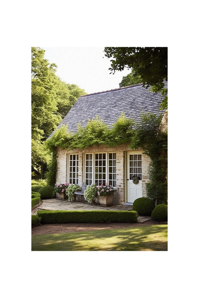 A small French cottage in a garden with ivy.