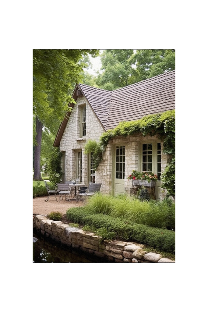 A French country cottage with ivy and a pond.