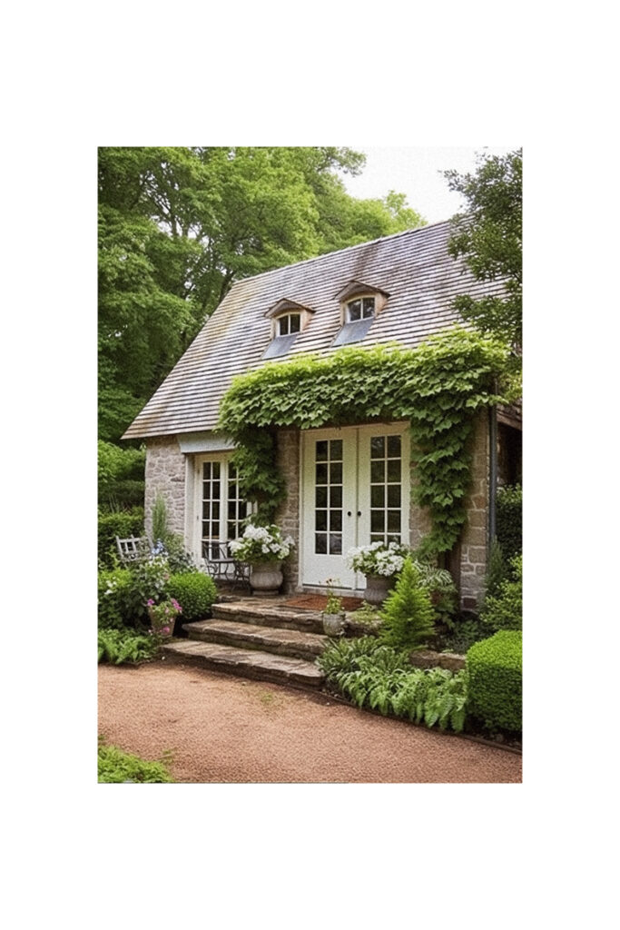 A French country cottage nestled in the woods, adorned with ivy.