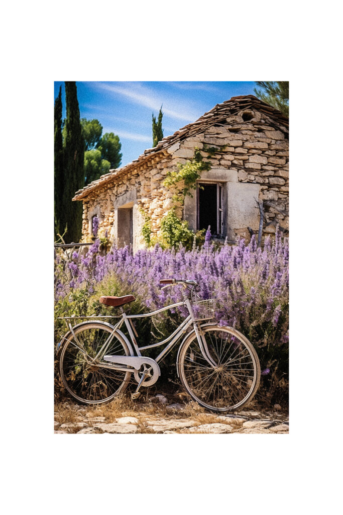 A French Country Cottage with a bicycle in front.