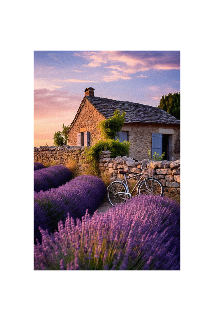 A bicycle is parked in a lavender field in the French countryside.