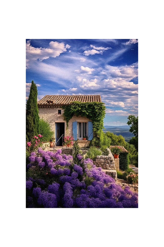 A French Country Cottage with purple flowers and a blue sky.