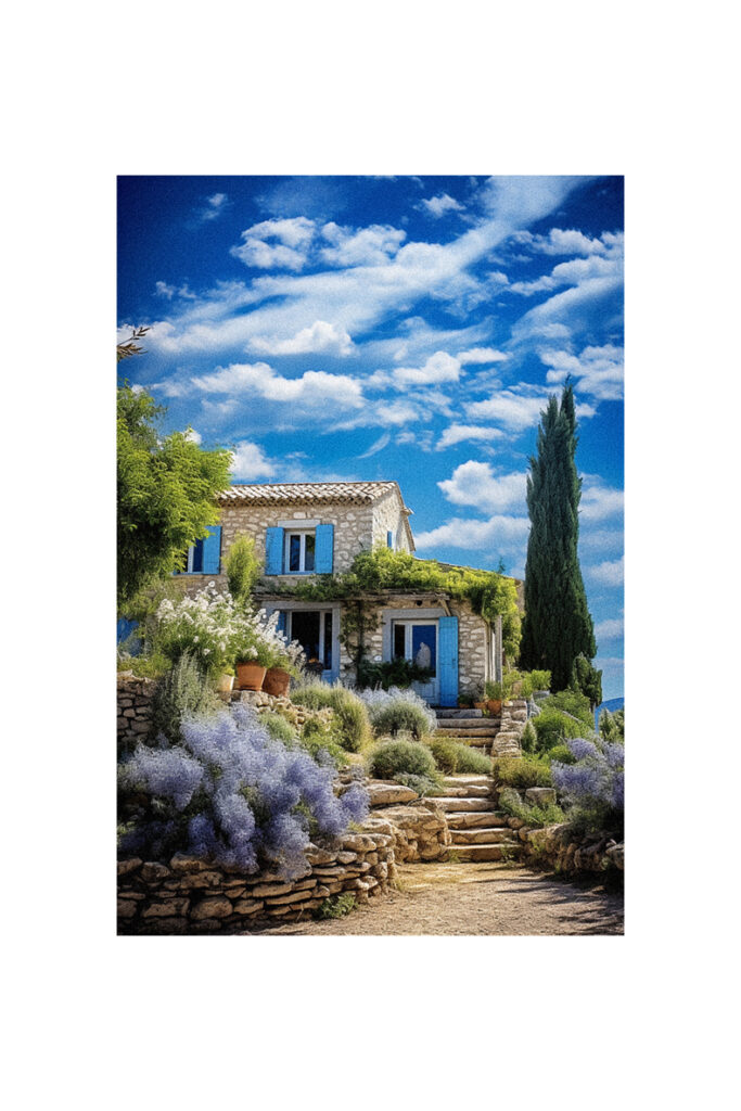 A French Country Cottage on a hillside with blue shutters and purple flowers.