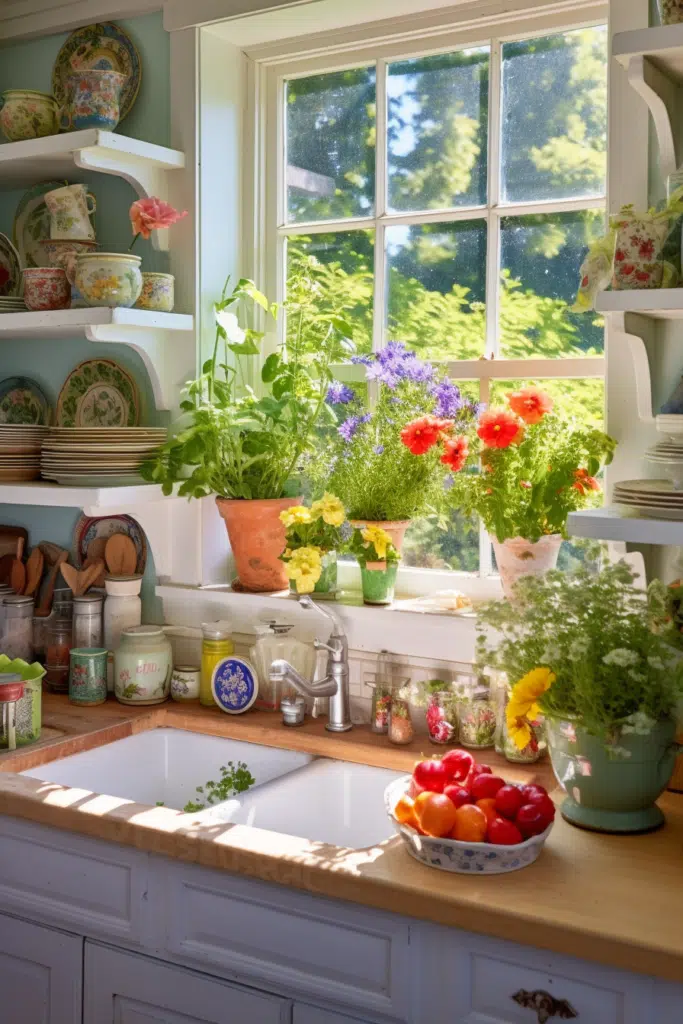 An imaginative,  picturesque garden window over the kitchen sink filled with creative ideas.