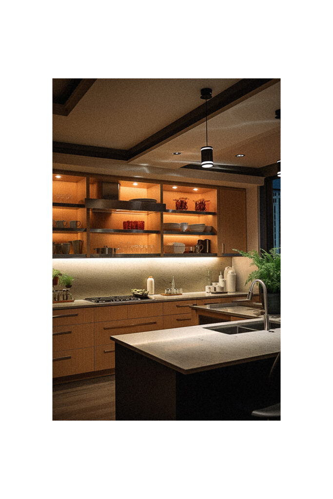 A kitchen is lit up at night with creative lighting ideas.