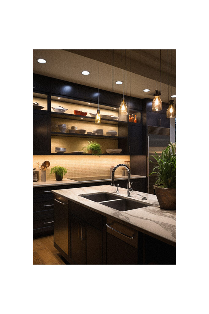 A kitchen with black cabinets and a sink, featuring lighting ideas over the sink.