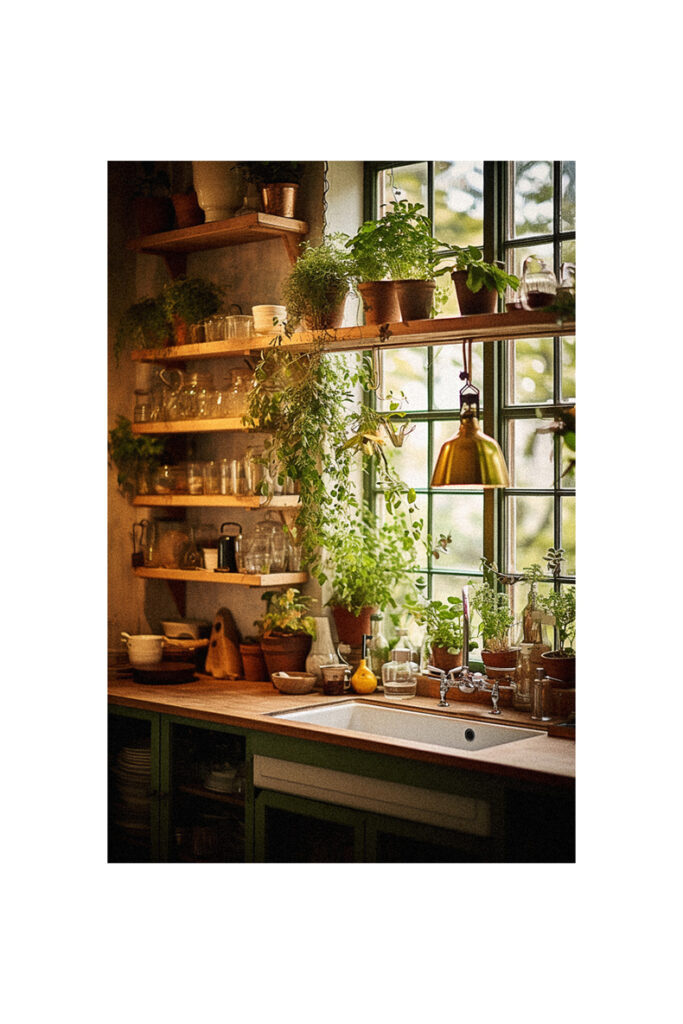 A kitchen with lots of potted plants and a window featuring shelves.