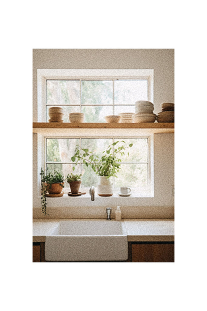 A kitchen with a sink, pots, and a window.